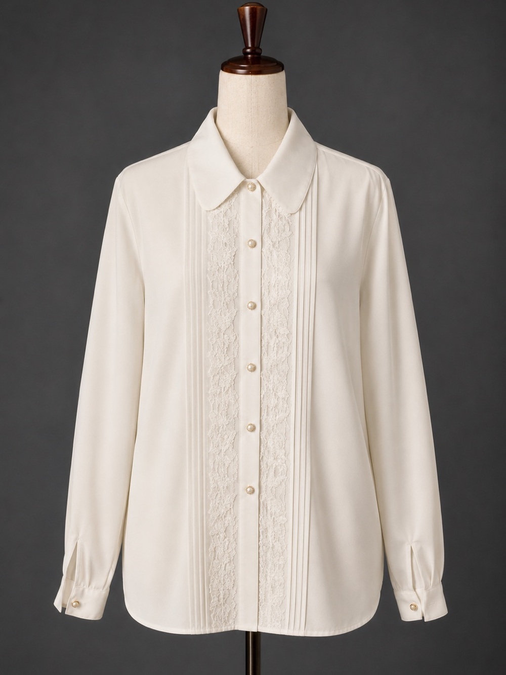 Vintage Cottagecore white Lace-Trim Long Sleeve Blouse w Pearl buttons. 10